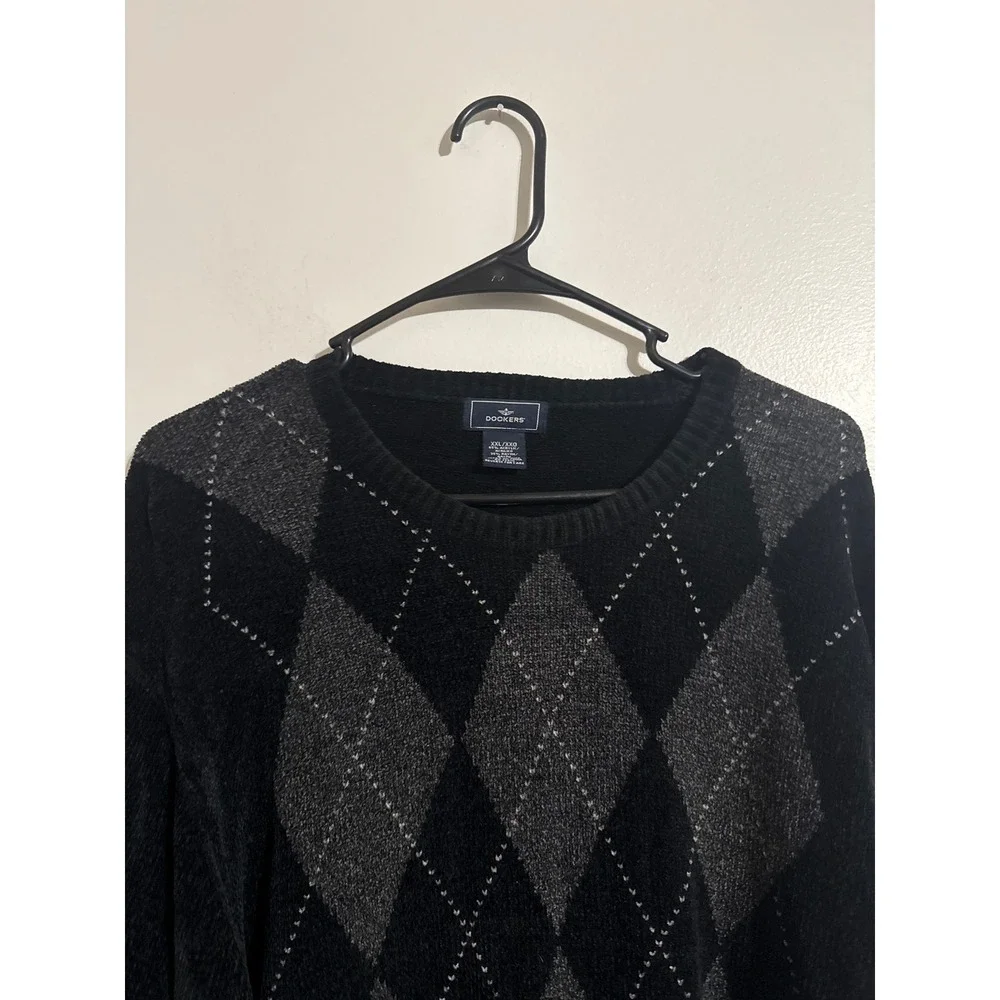 Dockers Mens Argyle Crew Neck Sweater Black Grey Chenille Knit XXL